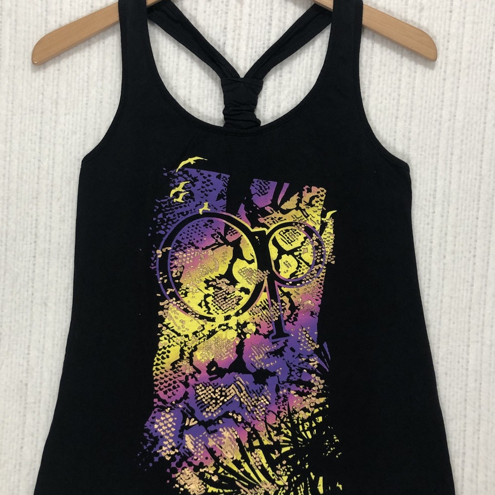 OP Ocean Pacific Graphic Racerback Tank Top Black Purple Yellow Size M 7-9